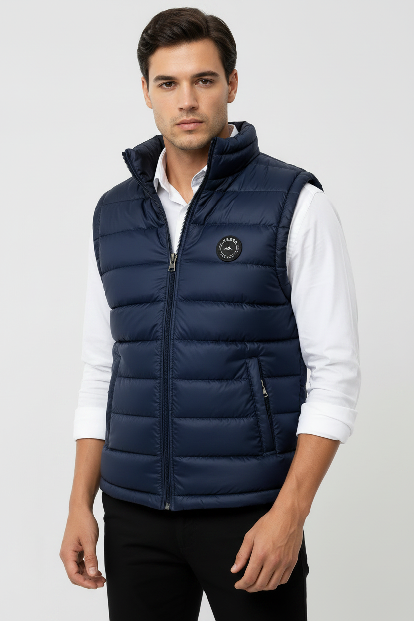 Chaleco azul cerrado con modelo